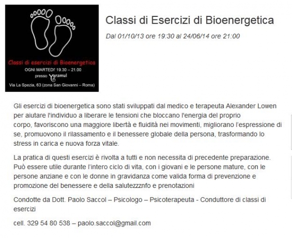 Classi di Esercizi di Bioenergetica ogni Martedì dalle 19:30 alle 21
presso scuola teatro Ygramul, Via la Spezia, 63.